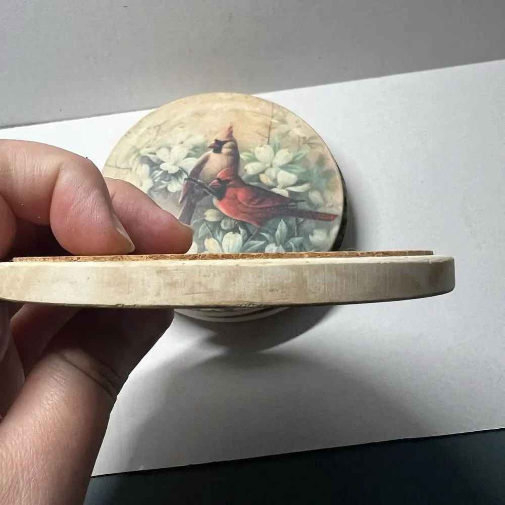 Vintage T.C. Chiu Red Cardinal Bird Coaster Set with Wooden Storage Holder MCM